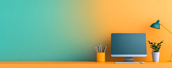 Poster - A colorful workstation setup includes a computer and office accessories