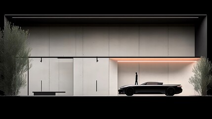 Poster - A modern minimalist architectural rendering featuring a luxury car