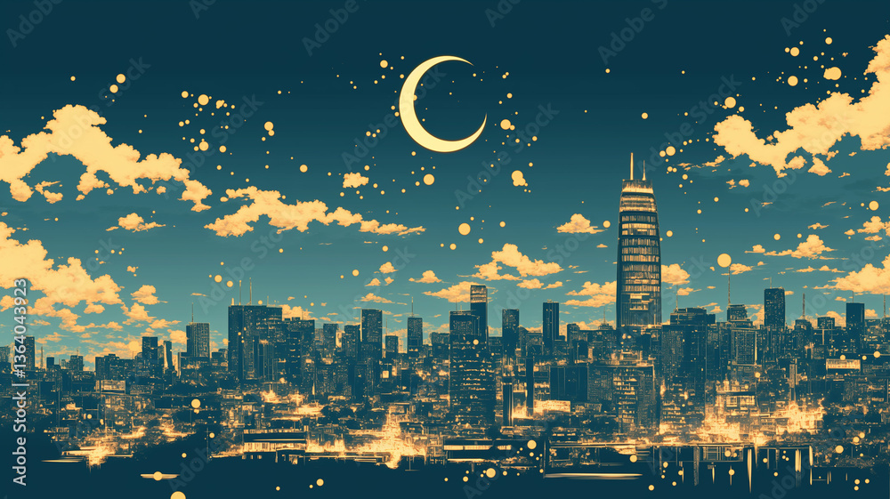 都会の夜空に輝く満月と美しいネオン夜景・80年代風レトロポップカラー