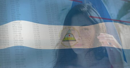 Poster - Woman on phone with Nicaraguan flag overlay, animation of data processing