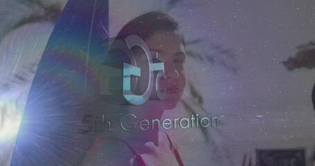 Poster - 5G 5th Generation text animation over woman with colorful light effects