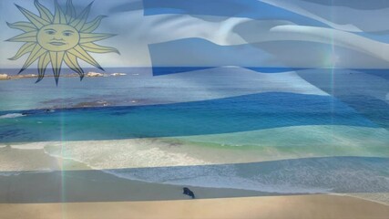 Poster - Uruguay flag waving over ocean and beach with animation in serene landscape