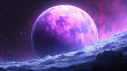 Wall Mural - glowing pink exoplanet rises over icy landscape.