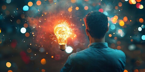 Poster - Man gazing at glowing light bulb with colorful sparks and dreamy background, representing creativity, inspiration, and innovative thinking in artistic concept