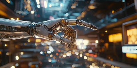 Poster - Futuristic robotic hand reaching towards a transparent surface in a high-tech industrial environment with blurred lights and machinery in background