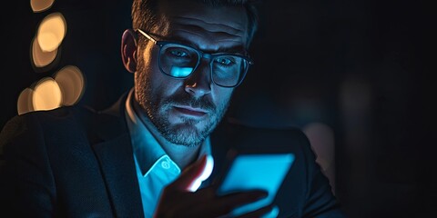 Poster - Professional businessman focused on smartphone, wearing stylish glasses, illuminated by screen light, in dark environment, technology concept and cybersecurity theme