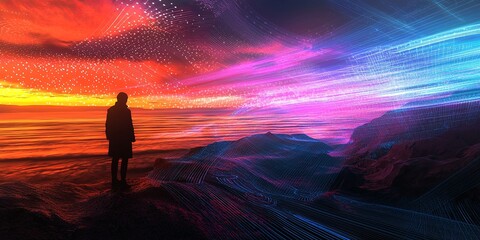 Aufkleber - Abstract digital landscape with silhouettes, vibrant colors, and interconnected lines symbolizing technology, exploration, and the digital future