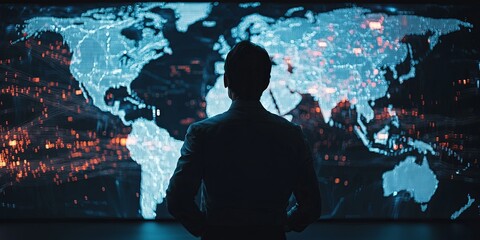 Fototapete - Focused Businessman Analyzing Global Digital Data with Map Visualization in Background in a Futuristic Office Environment
