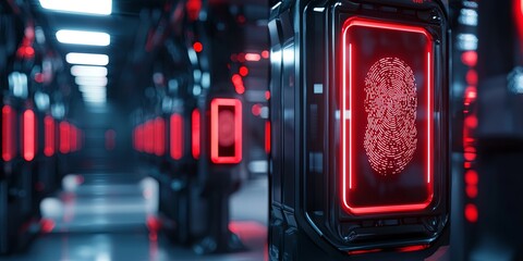 Poster - Futuristic Technology Concept with High-Tech Fingerprint Scanners in a Sci-Fi Environment and Neon Red Lights Enhancing Security and Identity Verification