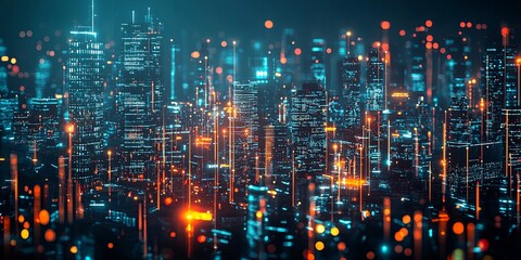 Aufkleber - Futuristic cityscape with glowing neon lights and digital networks showcasing advanced technology and urban development at night