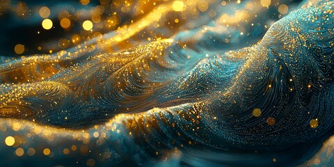 Fototapete - Abstract golden wave pattern with shimmering lights, creating a digital landscape of particles and fluid motion, suitable for technology and innovation themes