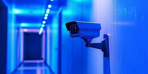 Poster - Modern surveillance camera mounted on a sleek metallic wall in a high-tech corridor with blue lighting creating an ambiance of security and monitoring.
