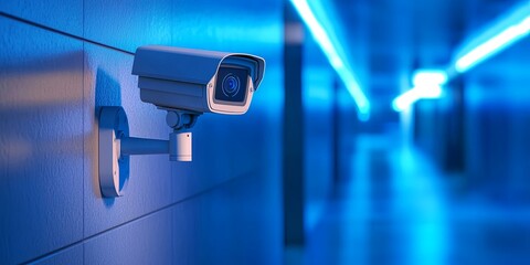 Poster - Modern surveillance camera mounted on a sleek metallic wall in a high-tech corridor with blue lighting creating an ambiance of security and monitoring.