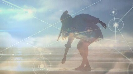 Poster - Silhouette of person on beach with network connections animation overlay