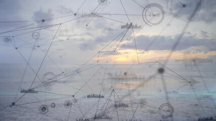 Poster - animation of digital network and data visualization over ocean at sunset