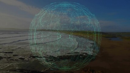 Poster - Coastal landscape with digital network connections animation over ocean waves