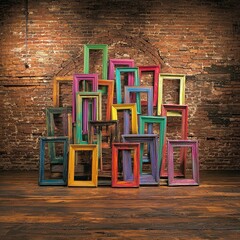 Poster - A pile of colorful chairs stacked together creating a playful and vibrant atmosphere in a room