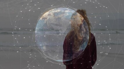 Poster - Standing on beach, person interacting with digital globe and network animation