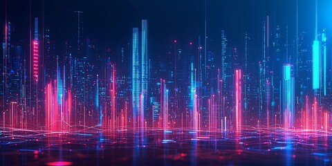Poster - Futuristic Digital Cityscape with Neon Lights and Dynamic Data Visualization Elements in an Abstract Technology Environment