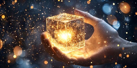 Poster - Hand Holding a Glowing Cube of Light Surrounded by Sparkles and a Dreamy Background, Symbolizing Creativity and Possibilities