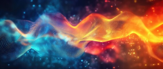 Poster - A mesmerizing digital landscape showcasing vibrant waves of color transitioning from deep blue to fiery orange at sunset. creating a serene and futuristic atmosphere