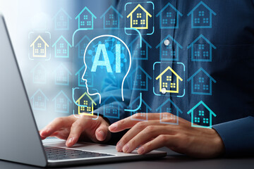 Poster - AI-powered automated real estate analytics and property valuation. Intelligent property management and AI-powered property investment. Man using laptop computer.
