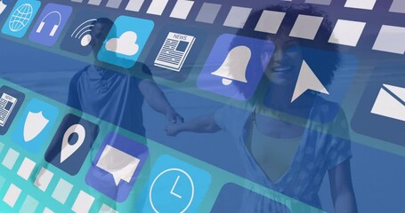 Poster - Holding hands, couple surrounded by digital icons symbolizing connectivity and animation