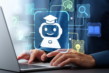 Aufkleber - AI-powered teaching solutions. Intelligent tutoring systems and personalized learning. Man using laptop computer to learn with artificial intelligence tutor.