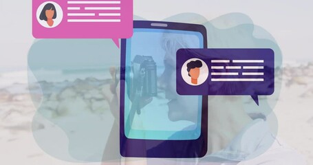 Poster - Using camera, person interacting with animation of chat bubbles in school setting
