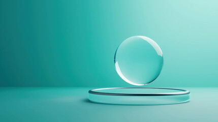 Poster - Floating Transparent Bubble on a Circular Platform Against a Soft Turquoise Background