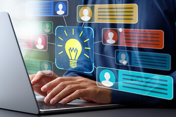 Poster - Knowledge sharing and management. Discussion forums for project management within team collaboration platform. Businessman using laptop computer for messaging team.