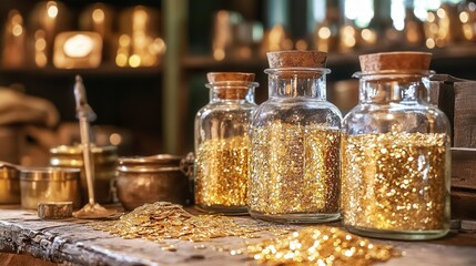 Poster - Sparkling gold glitter spread across a table creating a festive atmosphere for celebrations and events