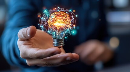 Poster - Innovative individual holding a light bulb in hand symbolizing ideas and creativity in modern life
