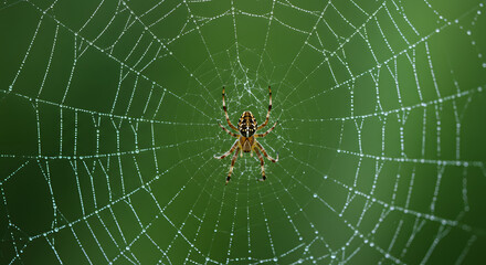 A close-up of a spider at the center of its finely woven web