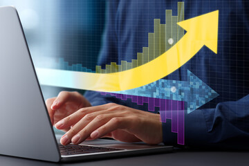 Fototapete - Changing business processes. Strategy for managing innovation and solutions. Businessman using a laptop computer to increase productivity and growth.