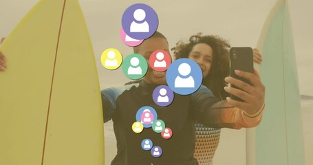Poster - Taking selfie, people with colorful user icons floating around them, animation style