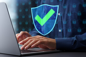 Aufkleber - Secure network communication and cybersecurity systems. Firewalls and virtual private network VPN. Man using laptop computer with encrypted data security system.