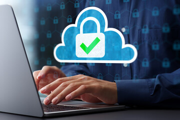Aufkleber - Cloud security systems and secure network communication. Firewalls and virtual private network VPN. Man using laptop computer with encrypted data security system.