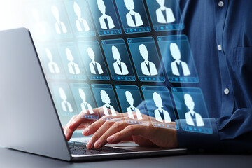 Aufkleber - Customer data management and employee data management. CRM customer relationship management. Businessman using laptop computer to manage data.