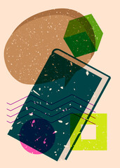 Poster - Risograph Book with speech bubble with geometric shapes. Objects in trendy riso graph print texture style design with geometry elements.