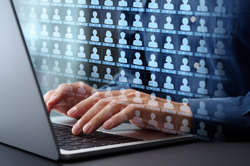 Leinwandbilder - Customer list and information management CMS. Accessing client data collection system. Businessman typing on laptop computer keyboard at desk in office.