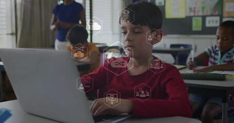 Poster - In school, children using laptops with animation of digital icons overlayed