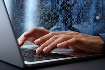 Poster - Binary data processing and data encoding. Digital data processing technology. Engineer using laptop computer to analyze binary data.