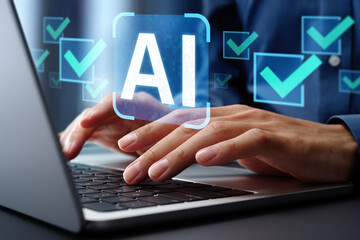 Poster - AI governance and responsive generative artificial intelligence use. Ethics and explainability of technology. Businessman typing on laptop computer keyboard at desk in office.