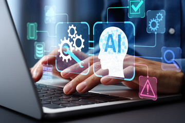 Aufkleber - AI-driven automated maintenance and system updates. Problem detection and resolution automation. Engineer using laptop computer to instruct AI for maintenance.