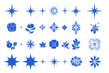 Fototapete - Geometric Celestial Collection: An array of blue celestial objects, including stars, floral elements, and symbolic designs.