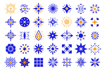 Poster - Celestial Ornaments: A visually striking collection of diverse sun-shaped and star-shaped ornaments, meticulously rendered in a clean, contemporary style. Each element radiates a distinct charm.