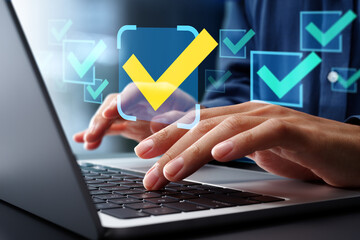 Poster - Task management and business process automation BPA. Project and performance management systems. Businessman using laptop computer to manage tasks.