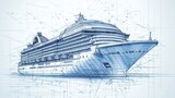 Detailed Monochrome Cruise Ship Sketch and Technical Blueprint