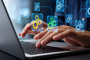 Poster - API automation and data transfer through system integration. Business Process Automation BPA technologies. Engineer using laptop computer to manage automation tools.